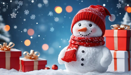 Obraz premium Cute snowman on winter bokeh background Christmas New Year banner with scarf and hat 