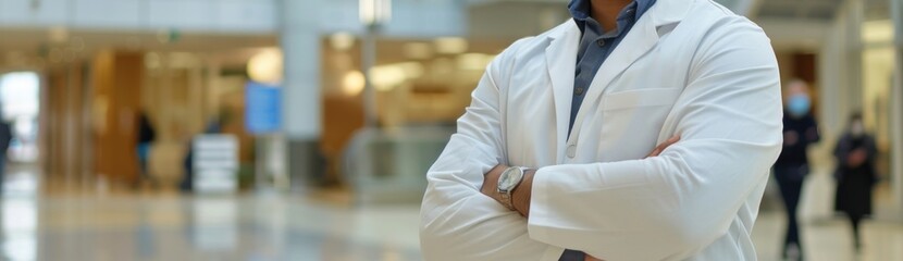 Obraz premium Healthcare worker in white coat stands with crossed arms in bustling hospital setting
