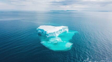 A large iceberg drifts in calm blue waters on an overcast day