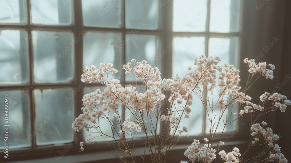 Aufkleber soft light filters through an old window, illuminating delicate flowers in bloom. the gentle ambianc