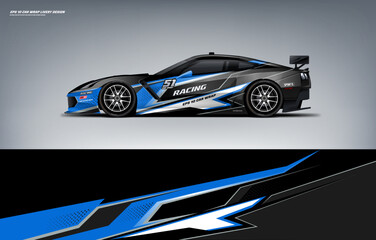 Racing Car sport car branding with racing wrap decal or livery design. Abstract racing graphics black blue backround. Editable vector template © liveryworks