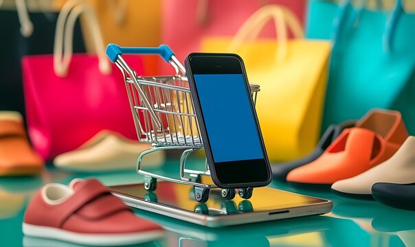 Online shopping concept with a mobile phone, shopping cart, and various bags and shoes. E-commerce concept. Fashion purchases from online stores, Generative Ai - Powered by Adobe