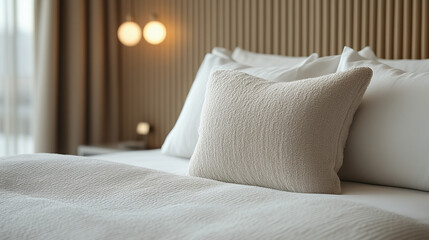 Obraz premium Minimalist beige bed frame with white linens and fluted wood accent wall