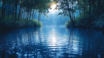 Fototapeta premium Rippling water reflecting indigo tones under a peaceful canopy of bamboo trees