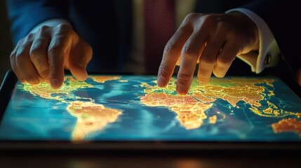 Hands Interacting with Digital World Map on Tablet