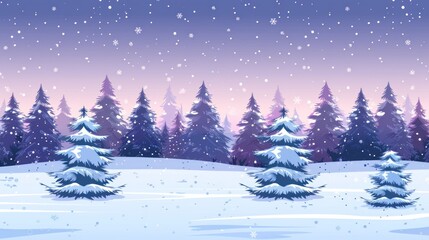 Obraz premium Snowflakes drift softly through a serene winter scene with evergreen trees and a twilight sky