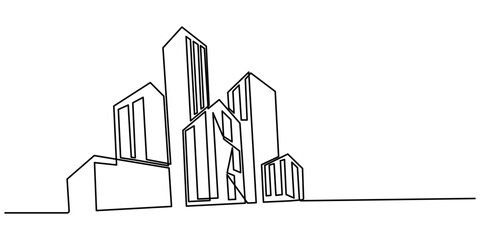 Obraz premium One line city. Skyscraper buildings, linear town cityscape and modern downtown or business district vector illustration, Single continuous line drawing luxury house building at big city. pro vector. 