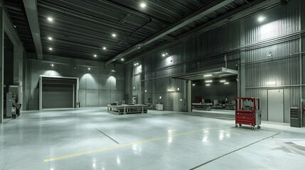 Obraz premium Industrial Warehouse Interior, Spacious Concrete Structure with Loading Bay and Tool Cart