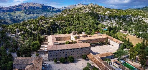 Landmarks of Mallorca (Majorca) island Spain-sanctuary and monastery Lluc. aerial panoramic view