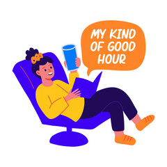 A flat sticker of a character reading book with good hour typography 