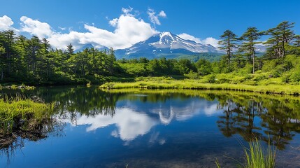 Mount Fuji with a lake reflection, a blue sky, winter background