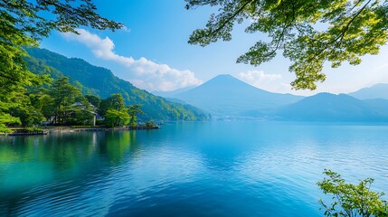 Fototapeta premium Mount Fuji with a lake reflection, a blue sky, winter background