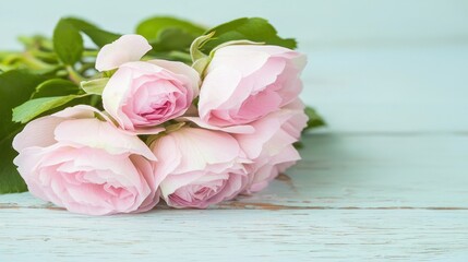 Fototapeta premium Delicate Pink Roses on Rustic Wooden Background