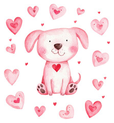 Fototapeta premium PNG A watercolor cute pink dog with a heart on its chest surrounded by colorful hearts.