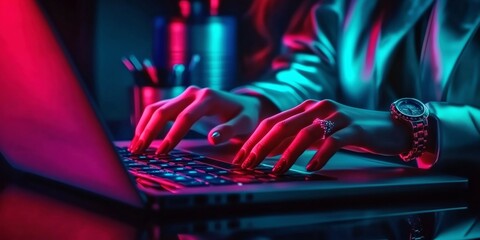 Office scene of a professional typing on a sleek laptop, showcasing work environments and business activities