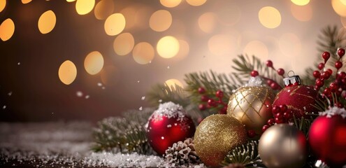 Obraz premium Colorful ornaments with greenery and snow create a festive holiday vibe