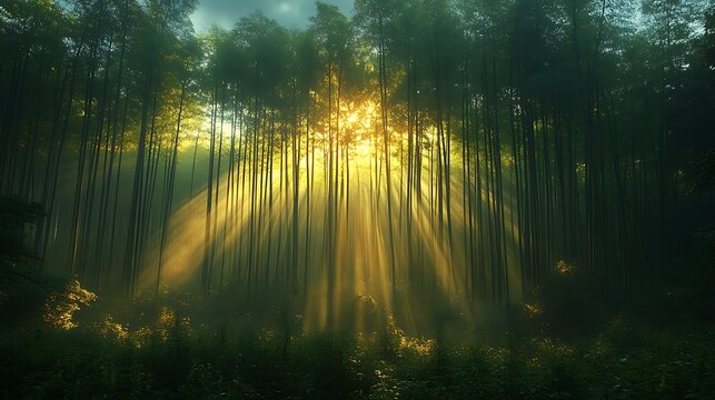 Morning mist enveloping a bamboo grove with scattered sunlight and tranquil vibes