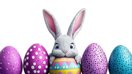 PNG A cute gray bunny peeks from behind colorful Easter eggs, showcasing its big ears and playful expression.