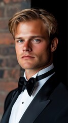 Handsome young man in a tuxedo, exuding confidence with striking blue eyes and a subtle smile.
