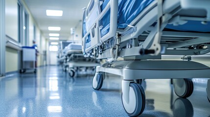 Hospital corridor with gurneys. Emergency department. Medical facility with professional services. Illustration for advertising, marketing, etc.