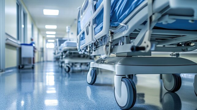 Hospital corridor with gurneys. Emergency department. Medical facility with professional services. Illustration for advertising, marketing, etc.