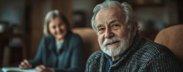 Fototapeta premium Elderly Man Smiles, Wife in Background Writing, Cozy Home