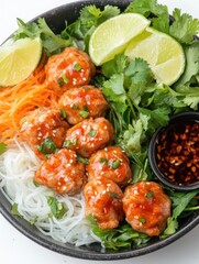 A bowl of noodles topped with meatballs, herbs, and lime, served with a spicy sauce.