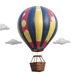 Fototapeta premium A red and yellow polka dot hot air balloon with a wooden basket, floating against a cloudy sky