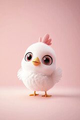 Fototapeta premium Cute cartoon bird character with big eyes stands against a soft pink background in a playful pose