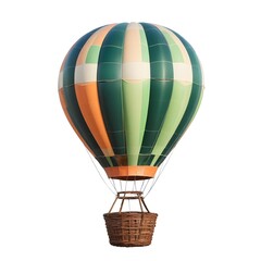 Naklejka premium A green and orange checkered hot air balloon with a metal basket, floating against a sunset backdrop