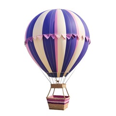 Naklejka premium A purple and pink striped hot air balloon with a rattan basket, floating against a clear blue sky