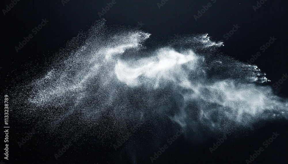 Poster ethereal burst of snow particles in dark atmosphere. capturing the elegance of suspended ice crystal