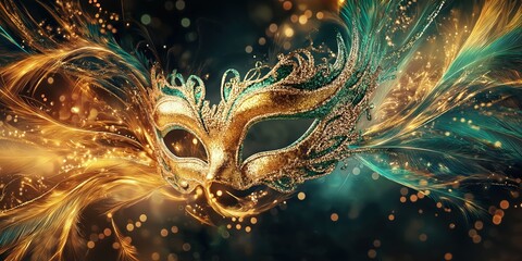 Golden carnival mask with swirling feather details and glowing accents, set against a dark, mysterious background