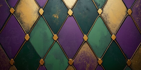 Detailed Mardi Gras harlequin pattern in green, purple, and gold with metallic accents on a textured surface