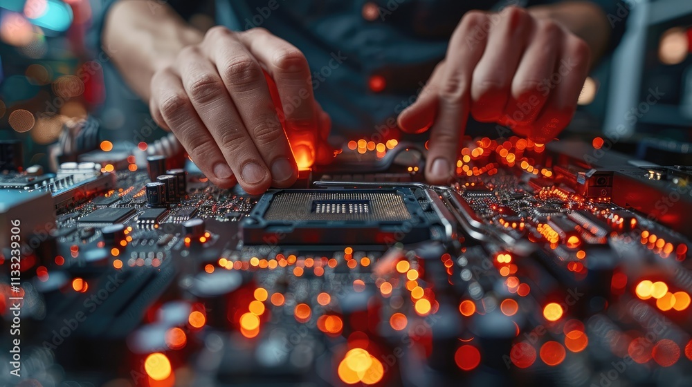Poster a close-up of hands assembling a circuit board with glowing components.