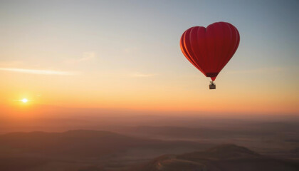 Fototapeta premium Red hot air balloon in the shape of heart fly high in sky. Morning romantic skyscape. Valentine's day concept, copy space