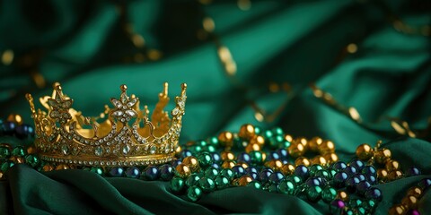 Golden crown with intricate designs resting on a bed of beads and emerald green fabric, symbolizing royalty and celebration