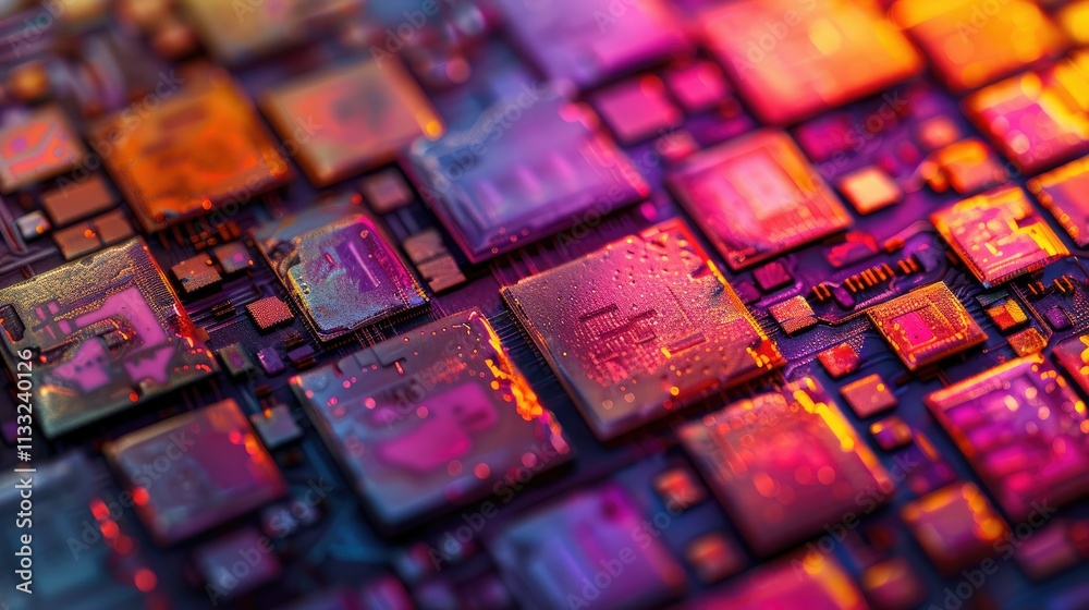 Poster a close-up view of a colorful microchip circuit board showcasing intricate designs.