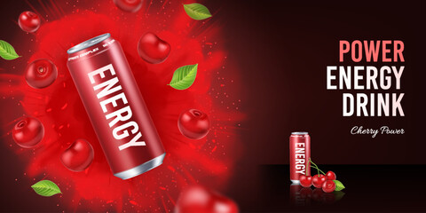 Realistic berry energy drink in an aluminum can with flying cherries on a dark background. Banner concept for advertising fresh cold drinks with text