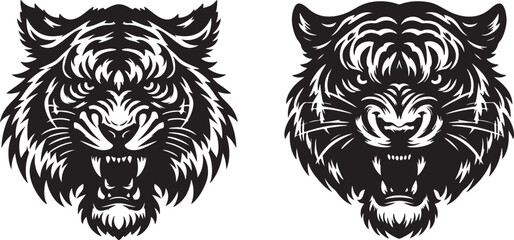 Tiger head silhouette vector art illustration. Black and white tiger head vector.
