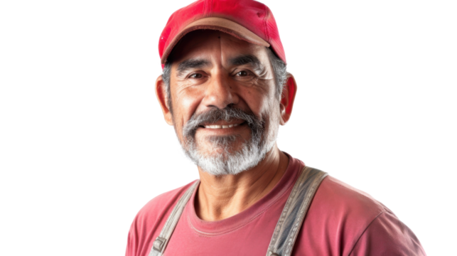 Portrait of middle age mexican, middle age happy handyman on white background