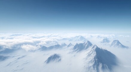 Snowy mountains surrounded by clouds, winter background