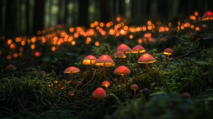 A mystical scene featuring glowing mushrooms casting a warm light in a shadowy forest. The atmosphere is surreal and enchanting, ideal for themes of fantasy, nature, and nighttime mystery.. AI