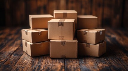 Fototapeta premium A stack of cardboard boxes sits on a dark wooden floor. The boxes are taped shut and ready for shipping or storage. The warm lighting and rustic setting create a cozy, inviting atmosphere.