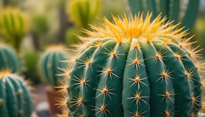 A close-up of a green and yellow cactus with sharp spines against a blurred background