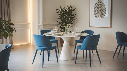 Obraz premium Elegant dining room features blue chairs, a white table, indoor plants, and framed leaf artwork for a fresh, modern look