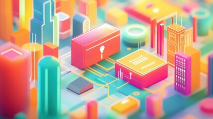 Fototapeta premium Abstract representation of digital cityscape with vibrant colors highlighting buildings, key symbols, and technology elements in a futuristic design.
