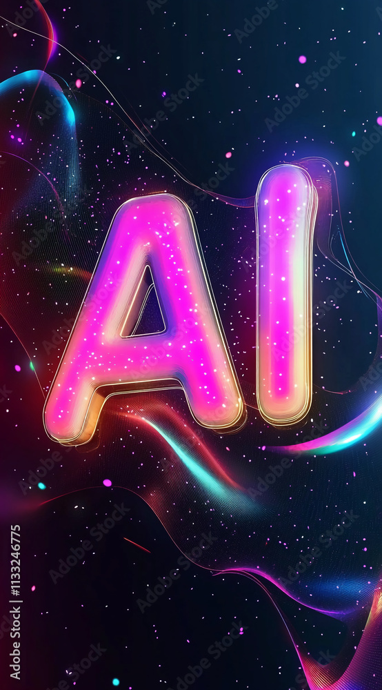 Poster Colorful glowing letters spelling AI stand out against a cosmic background with swirling patterns and sparkles in deep space