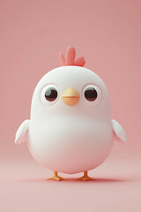 Fototapeta premium Cute cartoon chicken character with big eyes standing against a pink background