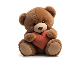Obraz premium A brown teddy bear holding a heart-shaped pillow, sitting on a white background